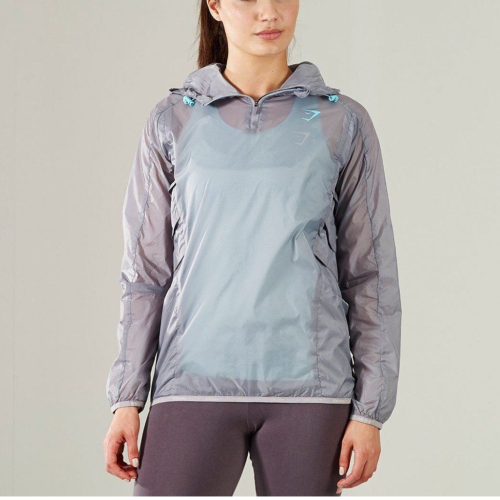 Gymshark Windbreaker Rain Jacket Womens Medium Gray Blue Vented Pullover Hoodie